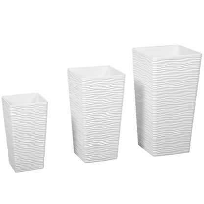 Set of 3 Stackable Square Outdoor Planters with Wavy Pattern, Drainage Holes, 42/55/65 cm (16.5/21.7/25.6 in) — White, Black, Brown