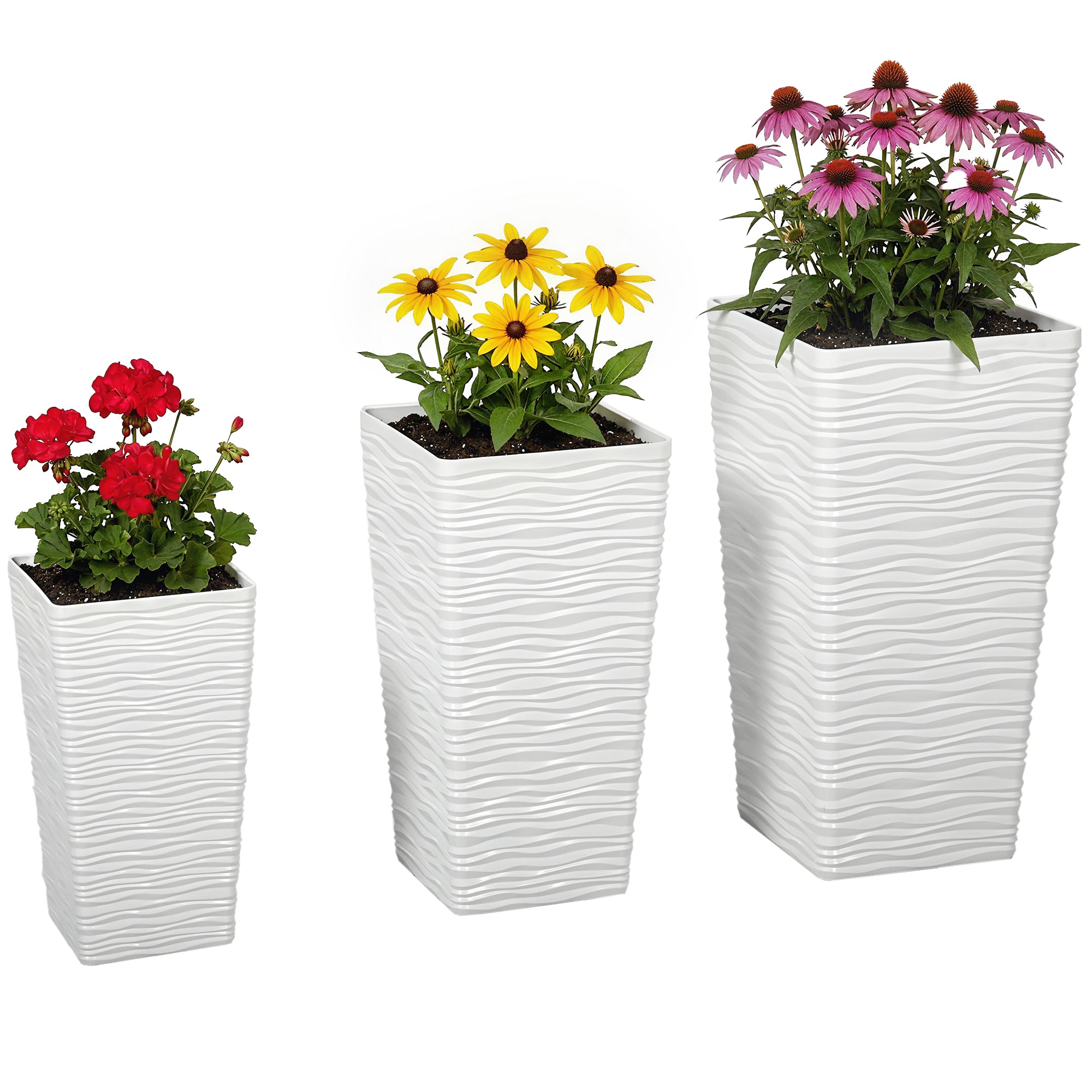 Set of 3 Stackable Square Outdoor Planters with Wavy Pattern, Drainage Holes, 42/55/65 cm (16.5/21.7/25.6 in) — White, Black, Brown