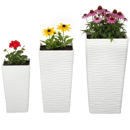 Set of 3 Stackable Square Outdoor Planters with Wavy Pattern, Drainage Holes, 42/55/65 cm (16.5/21.7/25.6 in) — White, Black, Brown