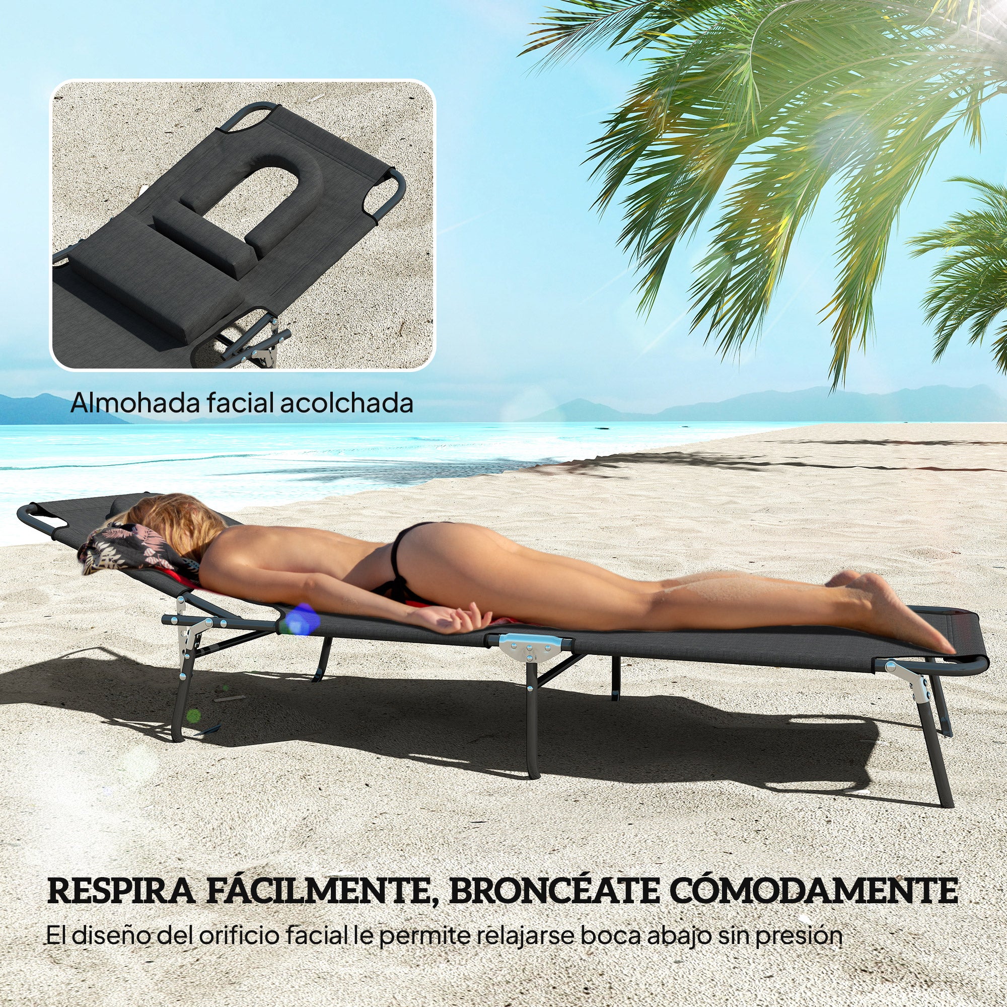 Foldable Lounger with 4-Position Adjustable Backrest Garden Lounger with Pillow Metal Frame and Oxford Fabric for Camping Beach Terrace 120 kg Load Capacity 190x56x28 cm Black