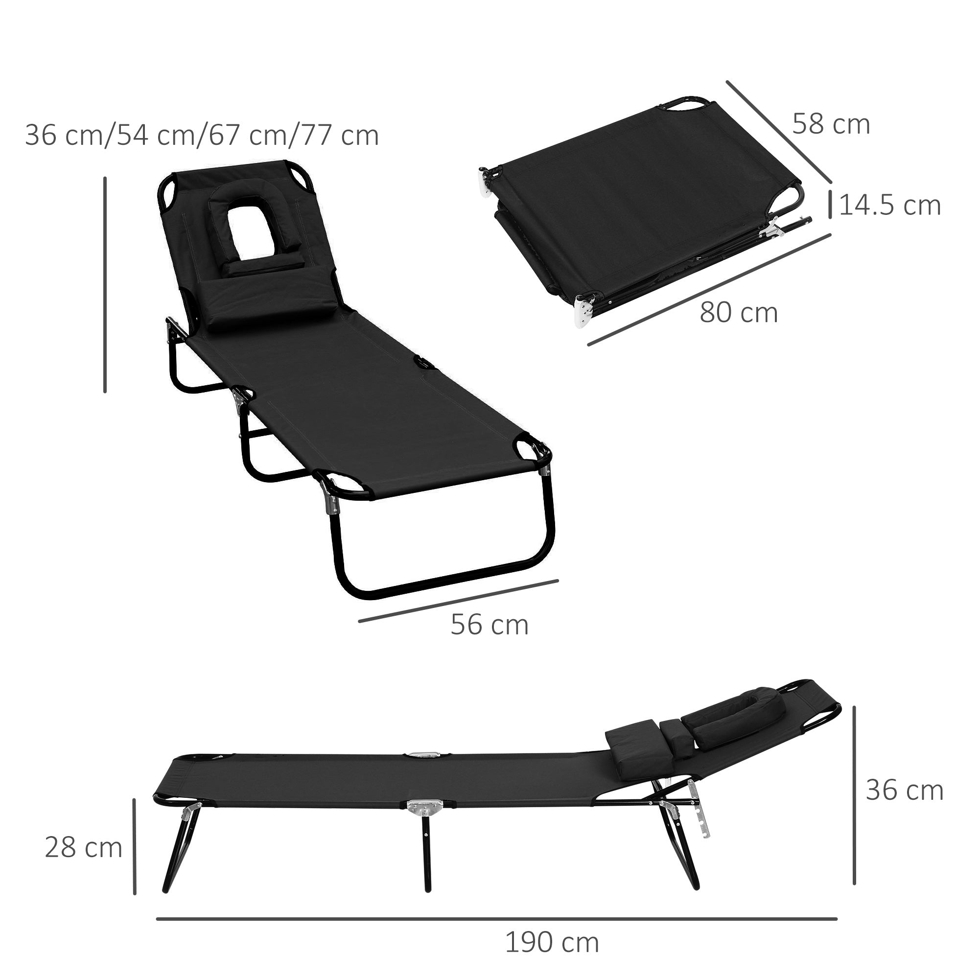 Foldable Lounger with 4-Position Adjustable Backrest Garden Lounger with Pillow Metal Frame and Oxford Fabric for Camping Beach Terrace 120 kg Load Capacity 190x56x28 cm Black