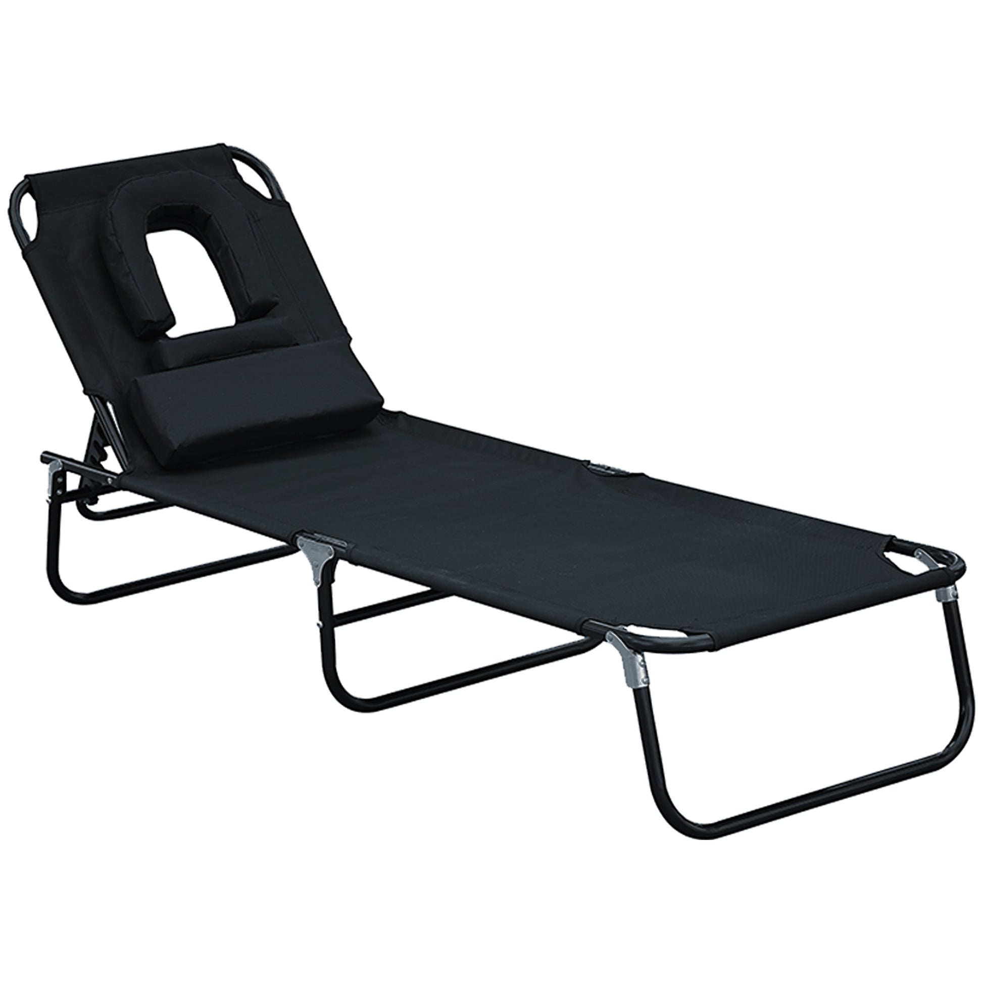 Foldable Lounger with 4-Position Adjustable Backrest Garden Lounger with Pillow Metal Frame and Oxford Fabric for Camping Beach Terrace 120 kg Load Capacity 190x56x28 cm Black