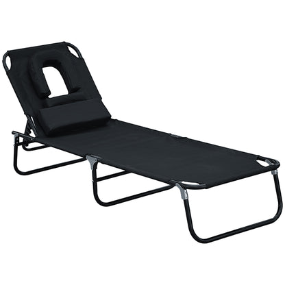 Foldable Lounger with 4-Position Adjustable Backrest Garden Lounger with Pillow Metal Frame and Oxford Fabric for Camping Beach Terrace 120 kg Load Capacity 190x56x28 cm Black
