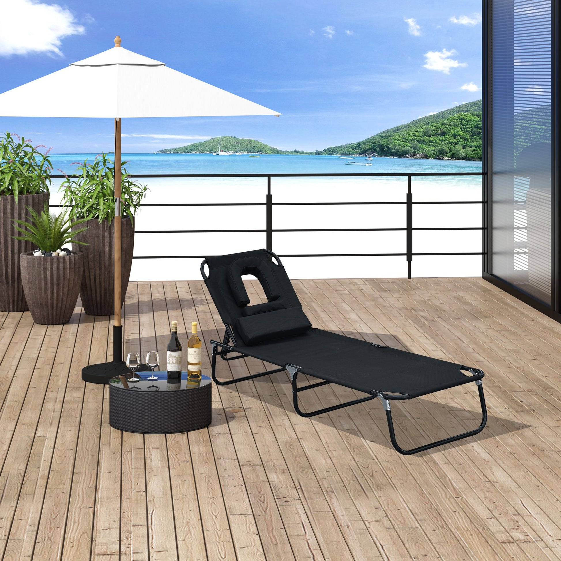 Foldable Lounger with 4-Position Adjustable Backrest Garden Lounger with Pillow Metal Frame and Oxford Fabric for Camping Beach Terrace 120 kg Load Capacity 190x56x28 cm Black