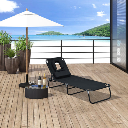 Foldable Lounger with 4-Position Adjustable Backrest Garden Lounger with Pillow Metal Frame and Oxford Fabric for Camping Beach Terrace 120 kg Load Capacity 190x56x28 cm Black