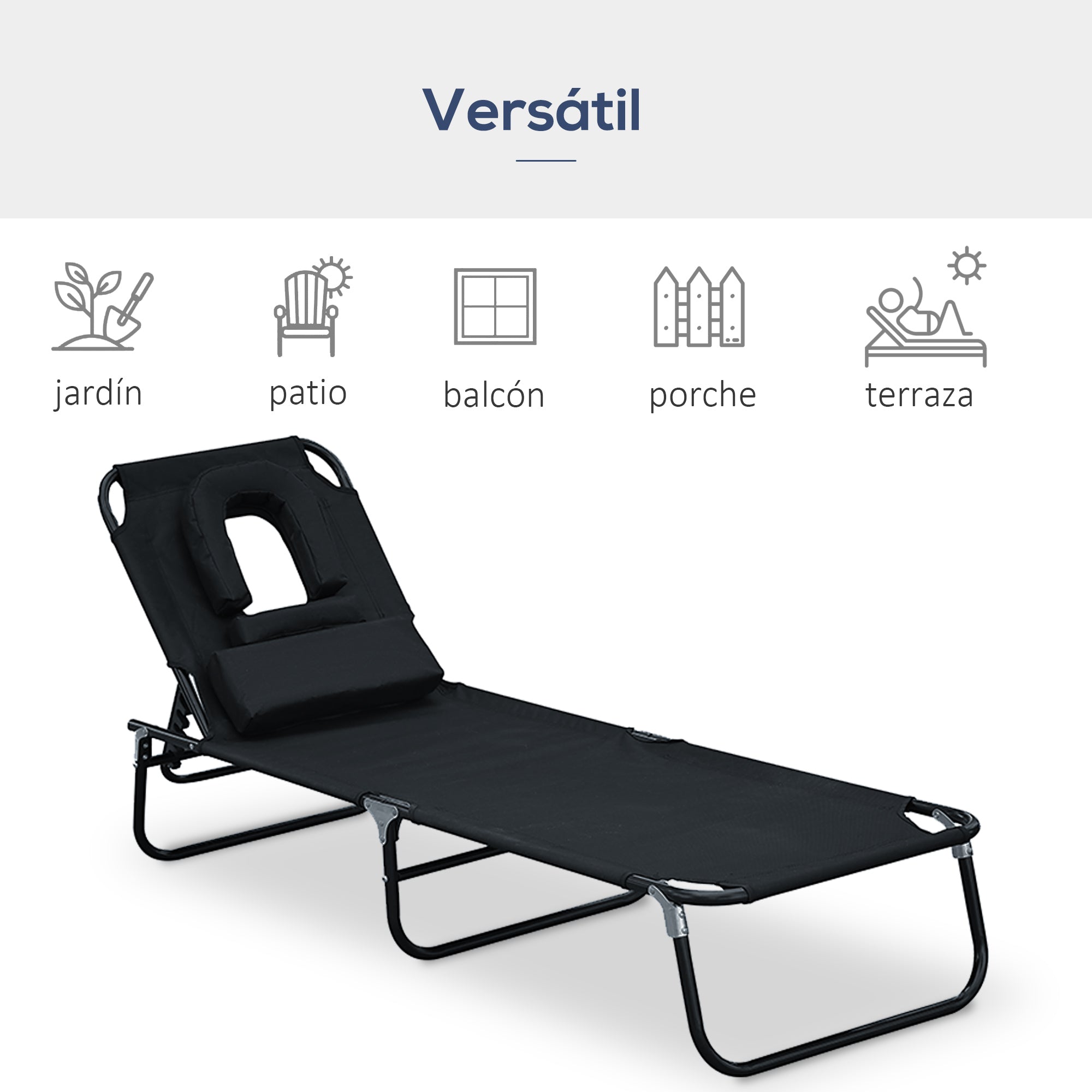 Foldable Lounger with 4-Position Adjustable Backrest Garden Lounger with Pillow Metal Frame and Oxford Fabric for Camping Beach Terrace 120 kg Load Capacity 190x56x28 cm Black