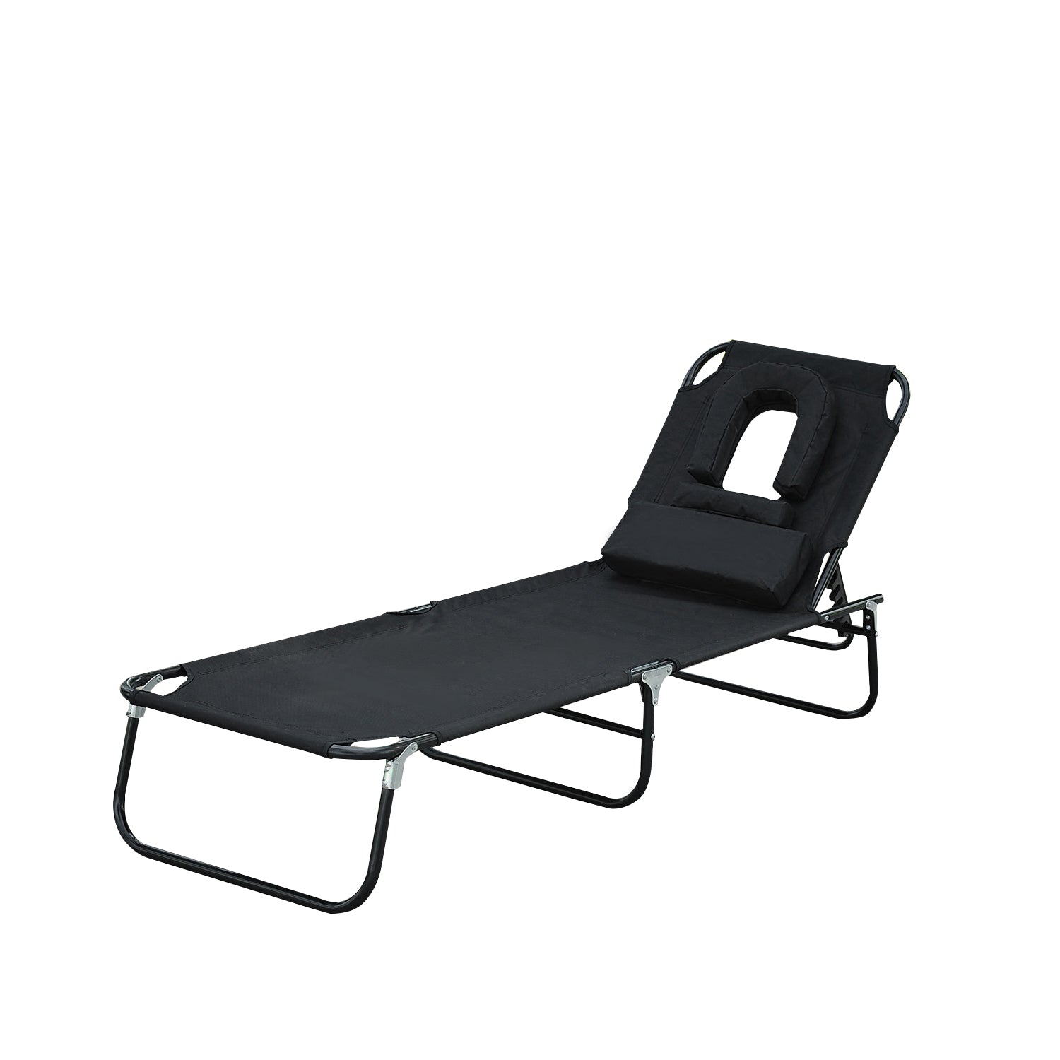 Foldable Lounger with 4-Position Adjustable Backrest Garden Lounger with Pillow Metal Frame and Oxford Fabric for Camping Beach Terrace 120 kg Load Capacity 190x56x28 cm Black