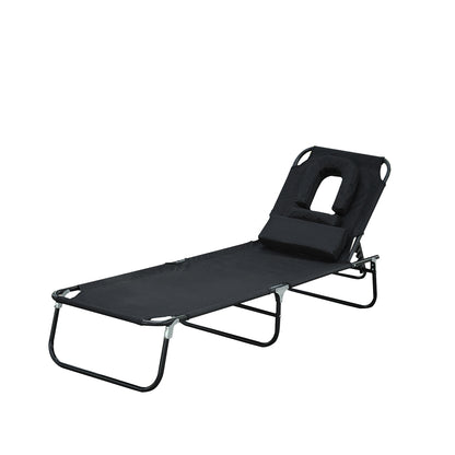 Foldable Lounger with 4-Position Adjustable Backrest Garden Lounger with Pillow Metal Frame and Oxford Fabric for Camping Beach Terrace 120 kg Load Capacity 190x56x28 cm Black