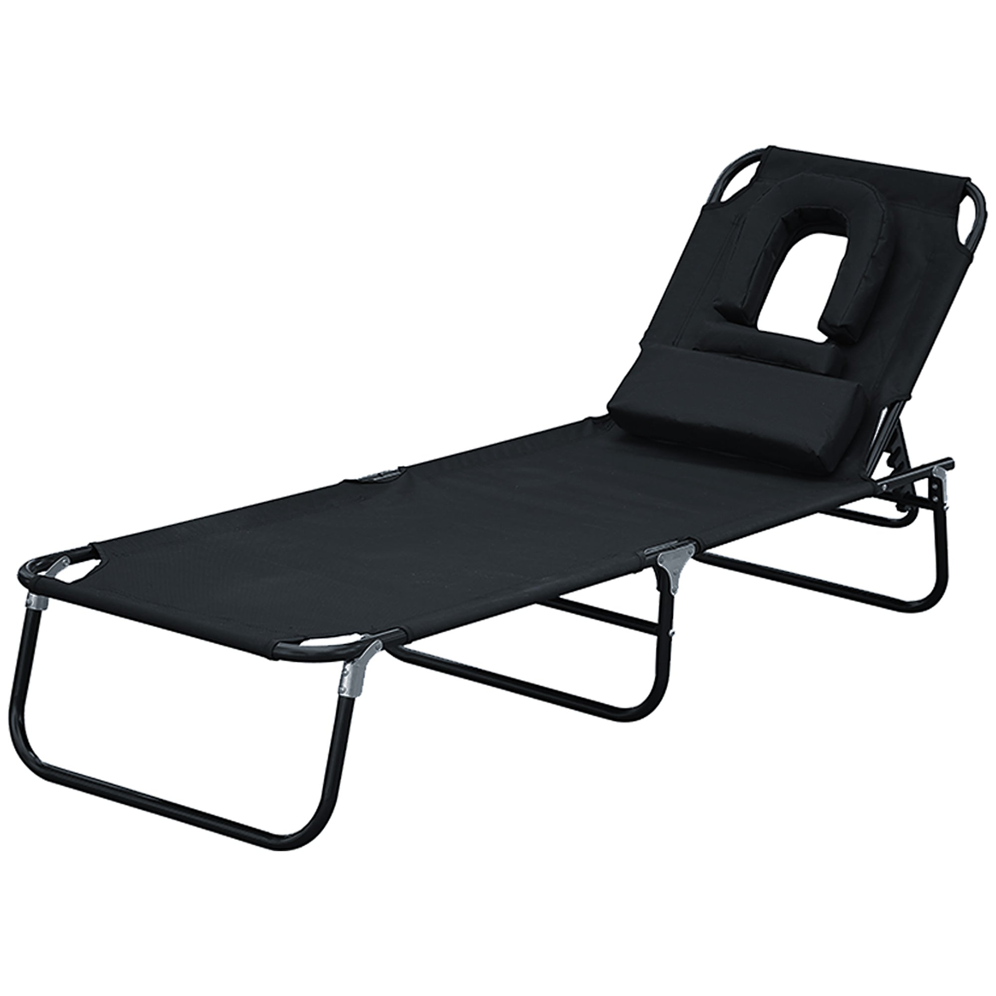 Foldable Lounger with 4-Position Adjustable Backrest Garden Lounger with Pillow Metal Frame and Oxford Fabric for Camping Beach Terrace 120 kg Load Capacity 190x56x28 cm Black