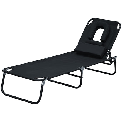 Foldable Lounger with 4-Position Adjustable Backrest Garden Lounger with Pillow Metal Frame and Oxford Fabric for Camping Beach Terrace 120 kg Load Capacity 190x56x28 cm Black