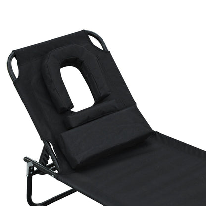 Foldable Lounger with 4-Position Adjustable Backrest Garden Lounger with Pillow Metal Frame and Oxford Fabric for Camping Beach Terrace 120 kg Load Capacity 190x56x28 cm Black