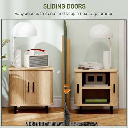 Modern Nightstand with Slatted Sliding Doors, Steel Legs — Oak