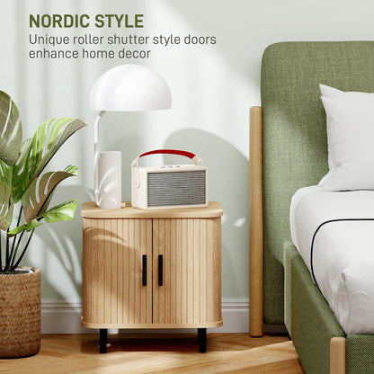 Modern Nightstand with Slatted Sliding Doors, Steel Legs — Oak