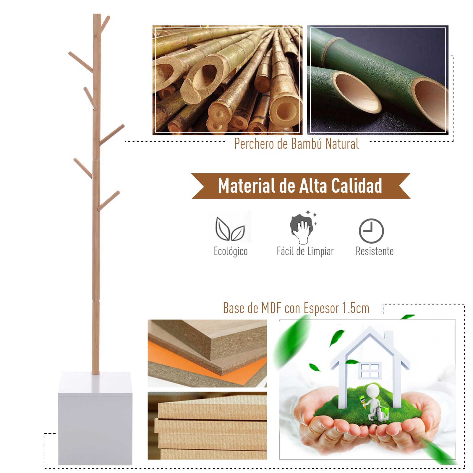 Coat Rack Stand with Shoe Hanging Tree Modern 6 Hooks for Hanging Clothes Bag Bench with Storage Hallway Entry Bamboo and MDF 40x30x180cm