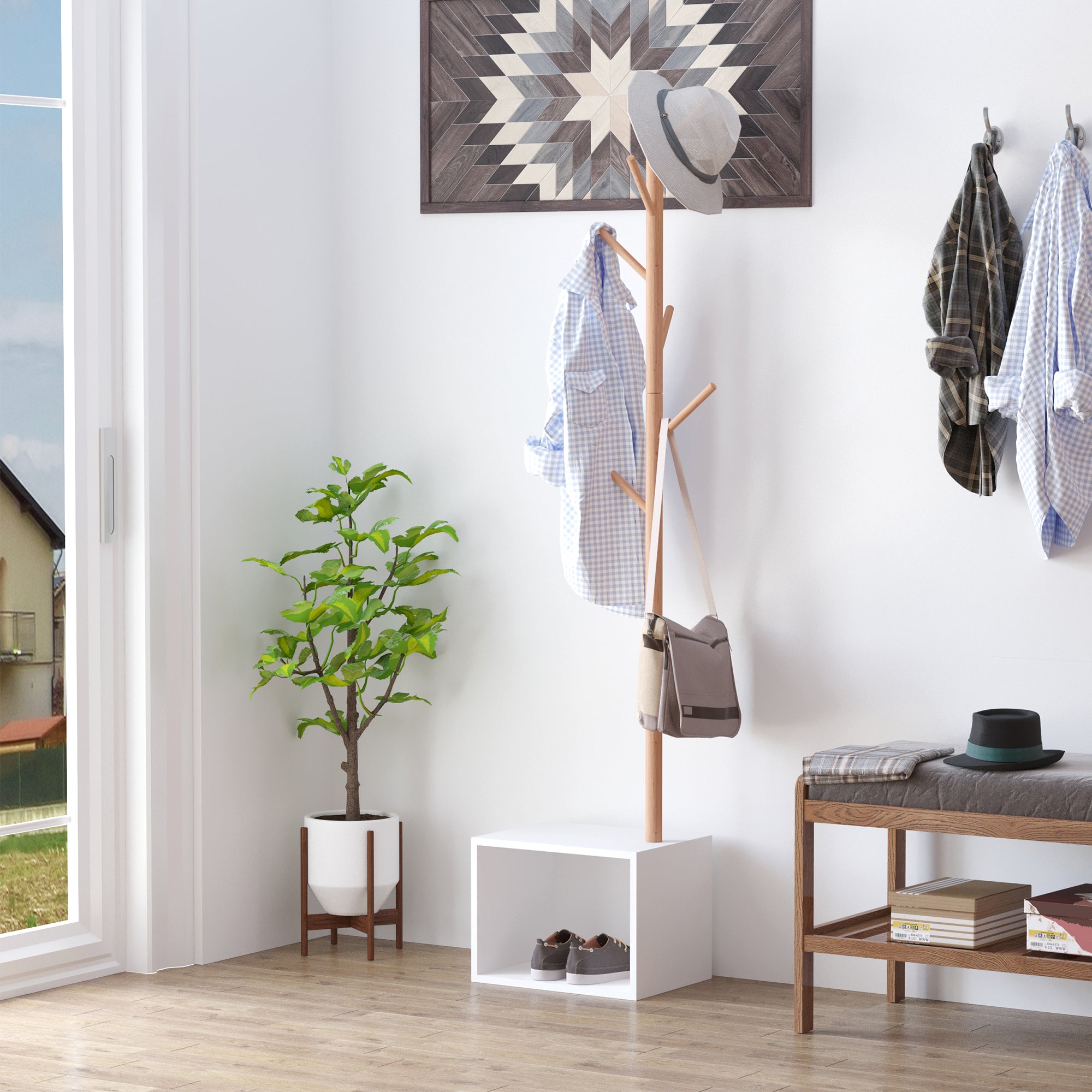 Coat Rack Stand with Shoe Hanging Tree Modern 6 Hooks for Hanging Clothes Bag Bench with Storage Hallway Entry Bamboo and MDF 40x30x180cm