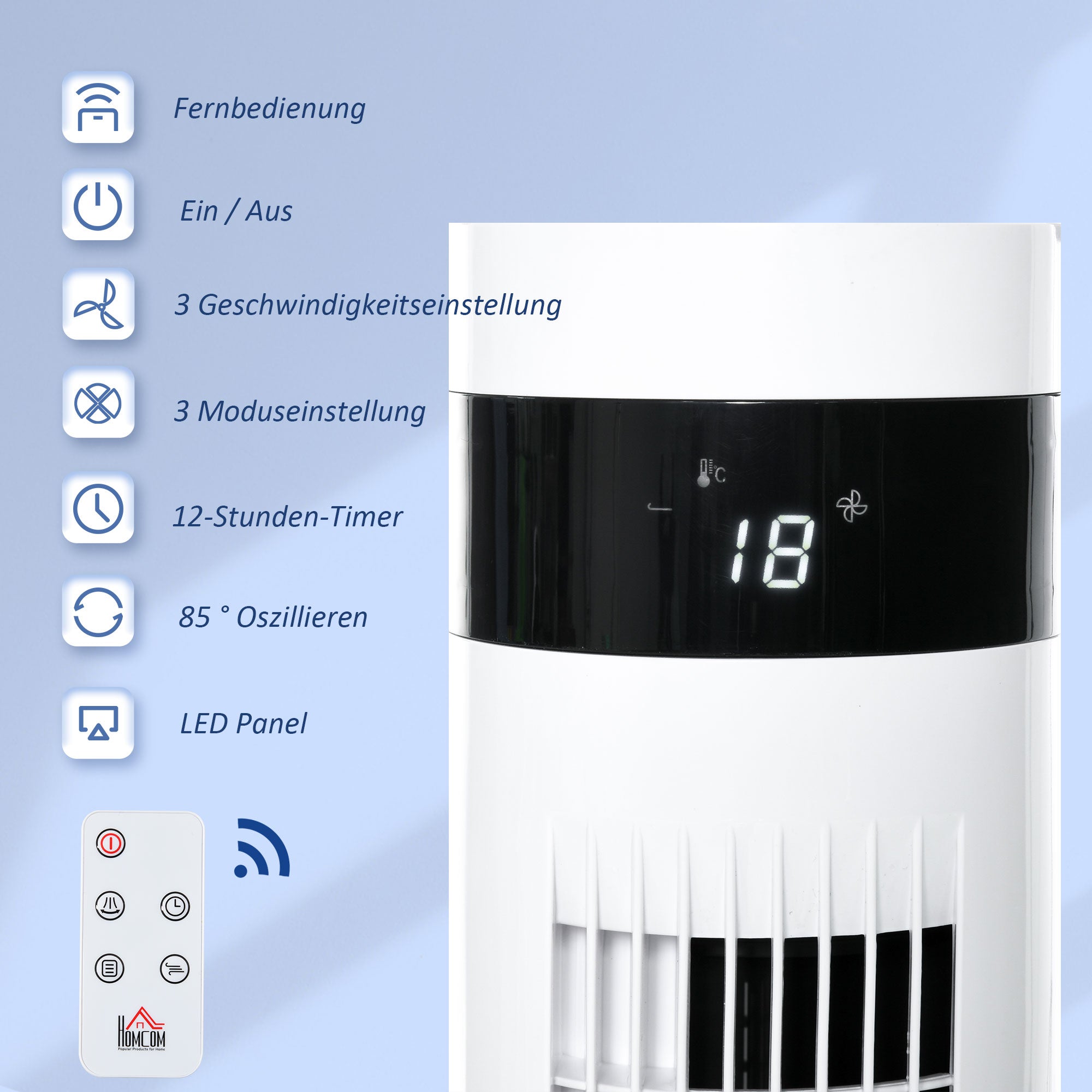 Tower Fan, Stand Fan with 3 Ventilation Speeds, Remote Control, 50W Fan with 12H Timer, LCD Display, 85° Oscillation, for Bedroom, White