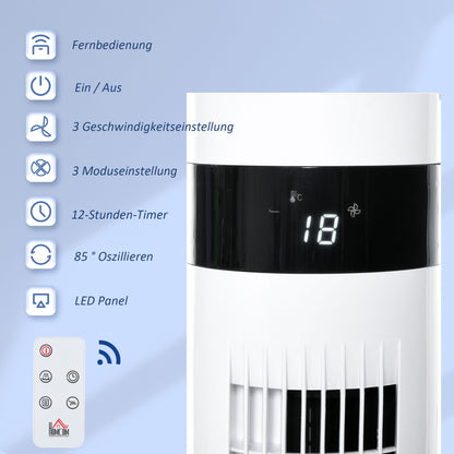 Tower Fan, Stand Fan with 3 Ventilation Speeds, Remote Control, 50W Fan with 12H Timer, LCD Display, 85° Oscillation, for Bedroom, White