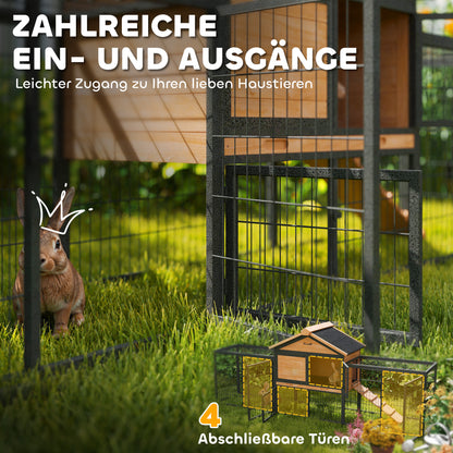 Rabbit Hutch 2 levels with Gable Roof Rabbit Hutch made of solid wood Winterproof Double-storey house with outdoor enclosure 217x53x86 cm Rabbit Cage Outdoor Small Animal Cage for Rabbits Guinea Pigs Yellow