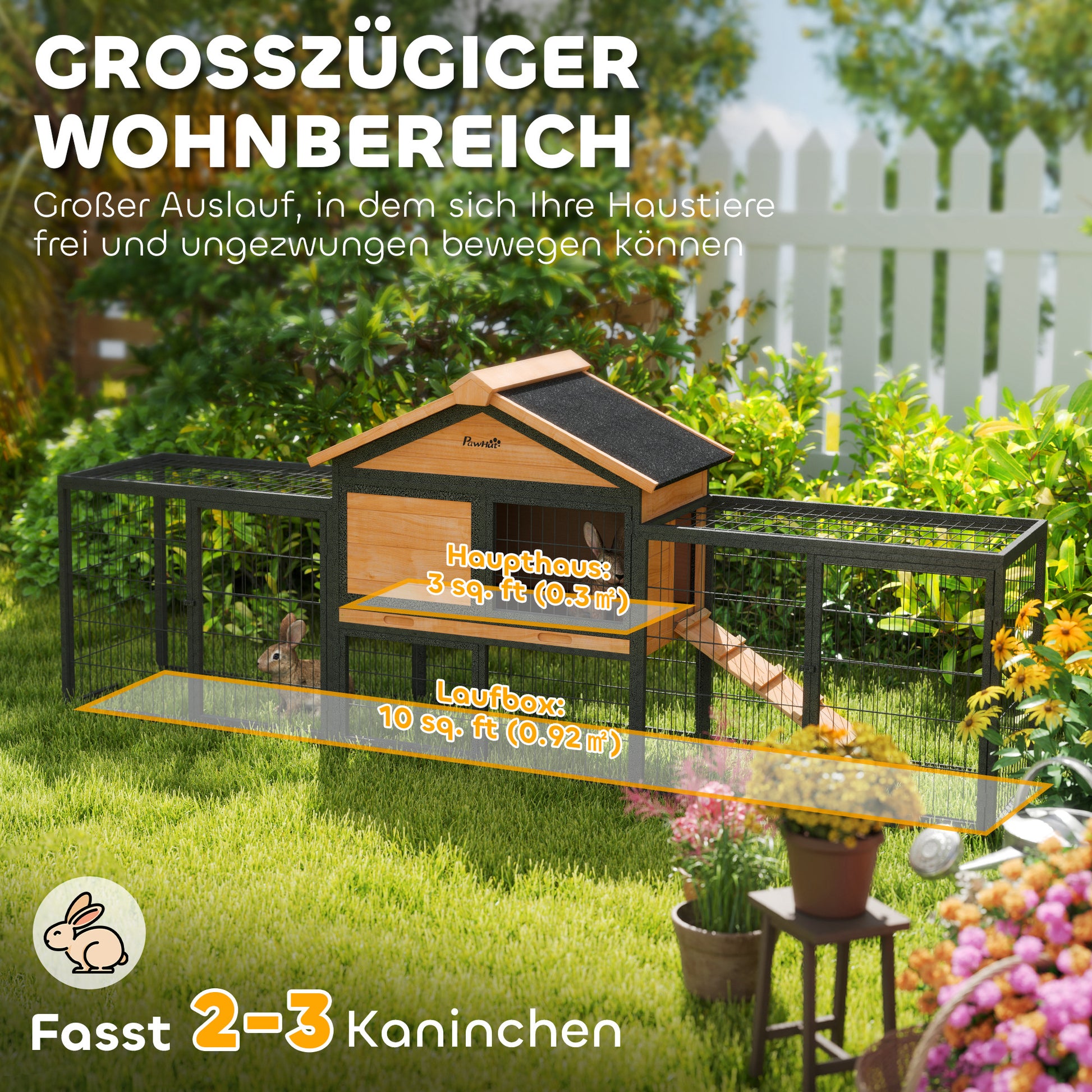 Rabbit Hutch 2 levels with Gable Roof Rabbit Hutch made of solid wood Winterproof Double-storey house with outdoor enclosure 217x53x86 cm Rabbit Cage Outdoor Small Animal Cage for Rabbits Guinea Pigs Yellow