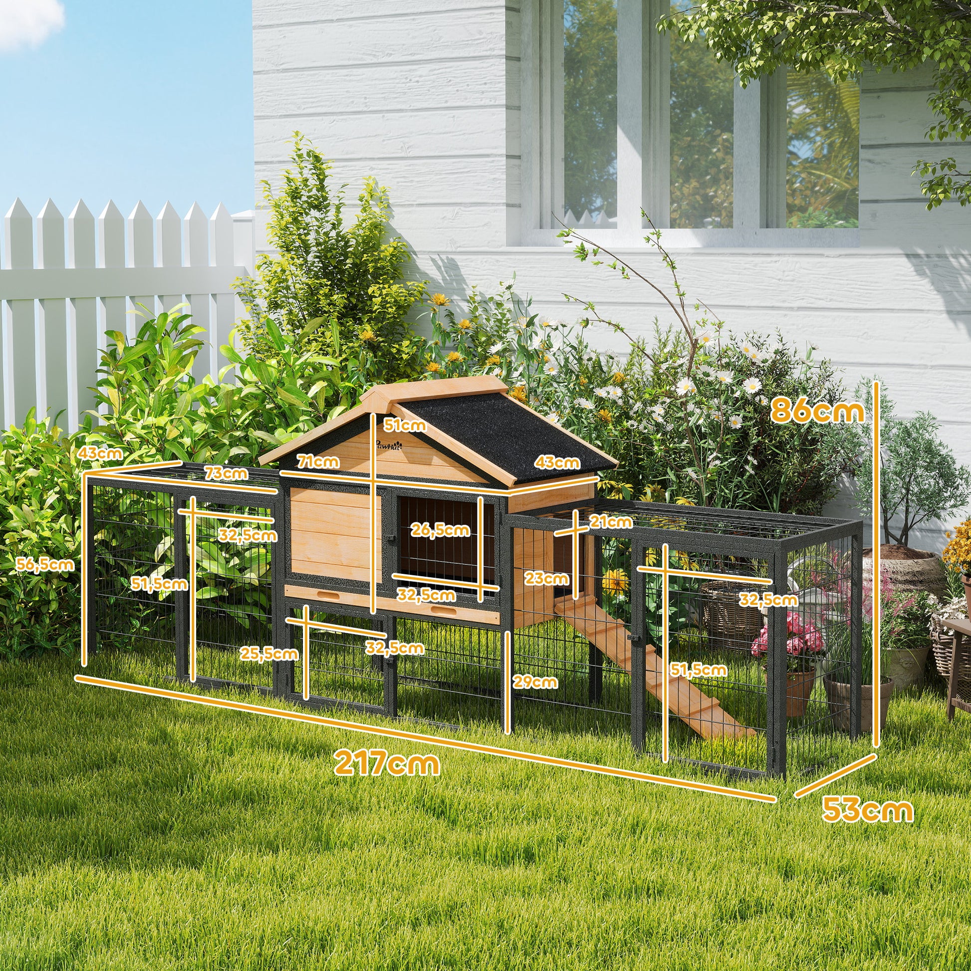 Rabbit Hutch 2 levels with Gable Roof Rabbit Hutch made of solid wood Winterproof Double-storey house with outdoor enclosure 217x53x86 cm Rabbit Cage Outdoor Small Animal Cage for Rabbits Guinea Pigs Yellow