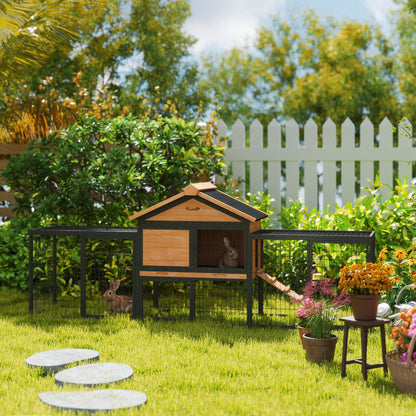 Rabbit Hutch 2 levels with Gable Roof Rabbit Hutch made of solid wood Winterproof Double-storey house with outdoor enclosure 217x53x86 cm Rabbit Cage Outdoor Small Animal Cage for Rabbits Guinea Pigs Yellow