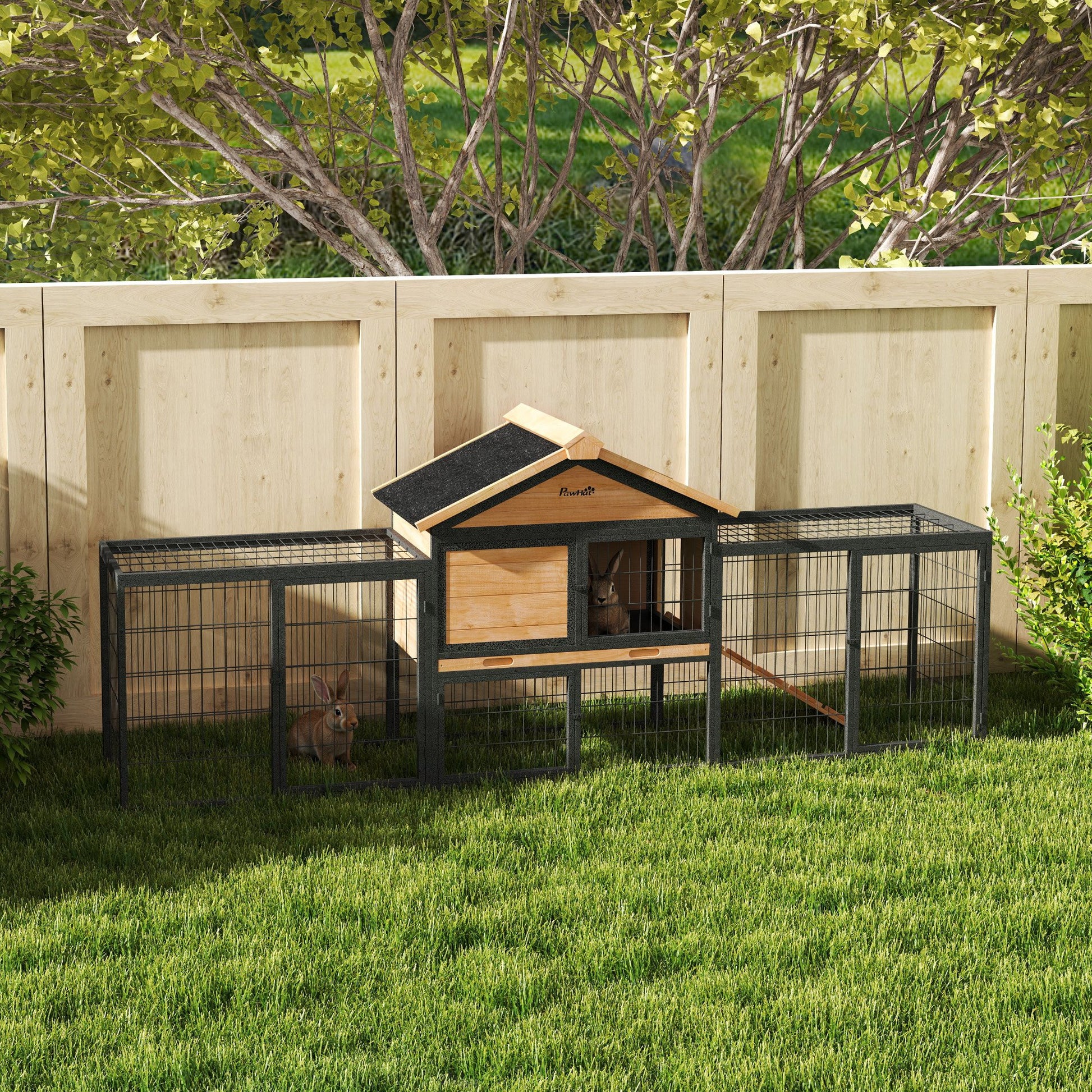 Rabbit Hutch 2 levels with Gable Roof Rabbit Hutch made of solid wood Winterproof Double-storey house with outdoor enclosure 217x53x86 cm Rabbit Cage Outdoor Small Animal Cage for Rabbits Guinea Pigs Yellow