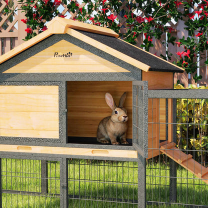 Rabbit Hutch 2 levels with Gable Roof Rabbit Hutch made of solid wood Winterproof Double-storey house with outdoor enclosure 217x53x86 cm Rabbit Cage Outdoor Small Animal Cage for Rabbits Guinea Pigs Yellow
