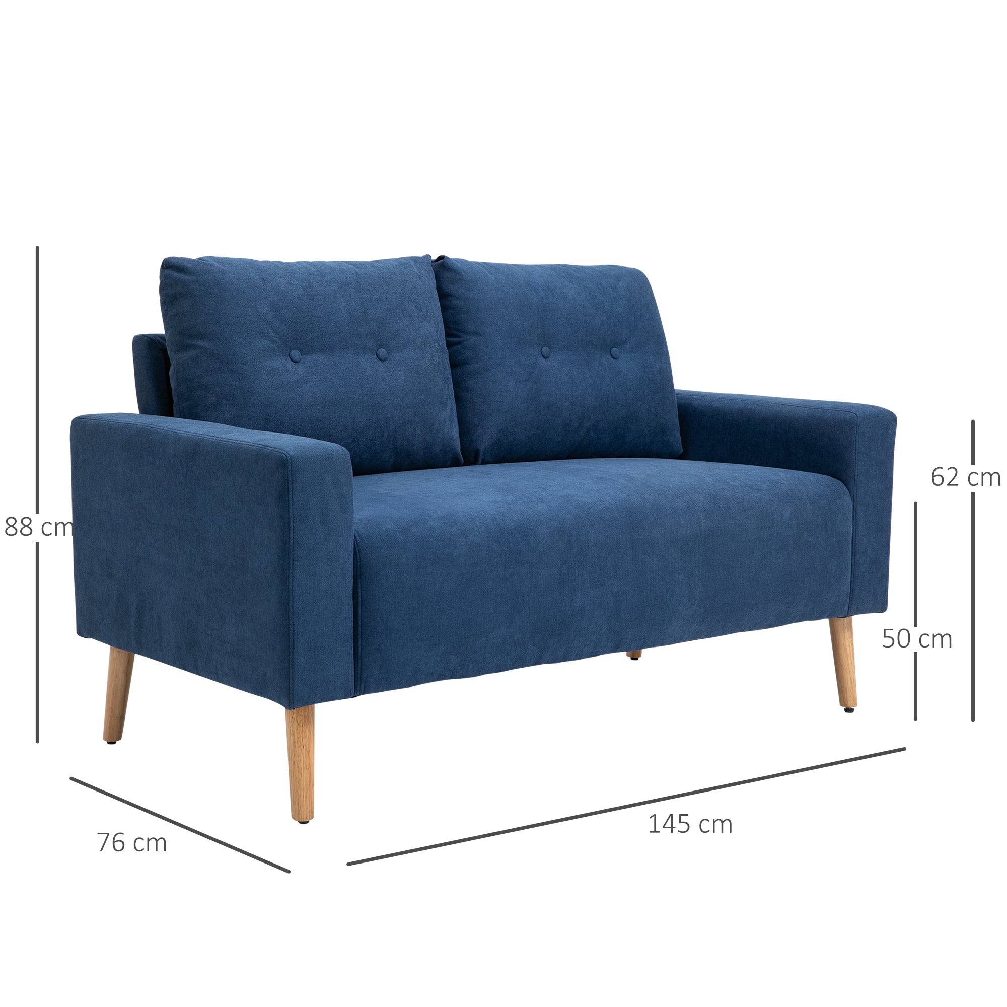 2-Seater Sofa Modern Upholstered in Polyester with 2 Cushions Armrests and Rubberwood Legs for Bedroom Office 145x76x88 cm Blue