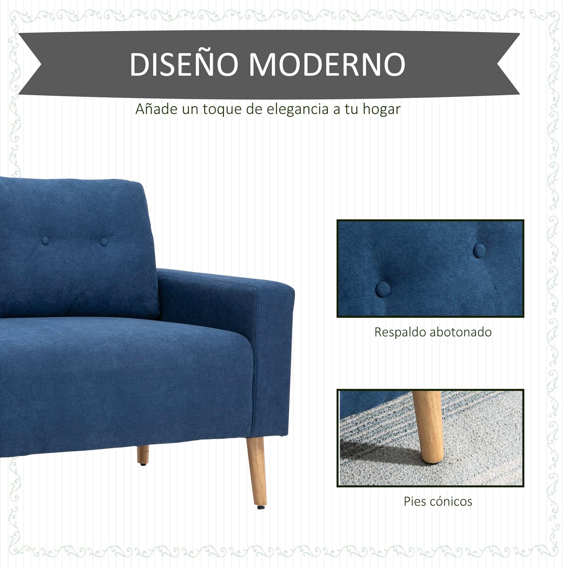 2-Seater Sofa Modern Upholstered in Polyester with 2 Cushions Armrests and Rubberwood Legs for Bedroom Office 145x76x88 cm Blue