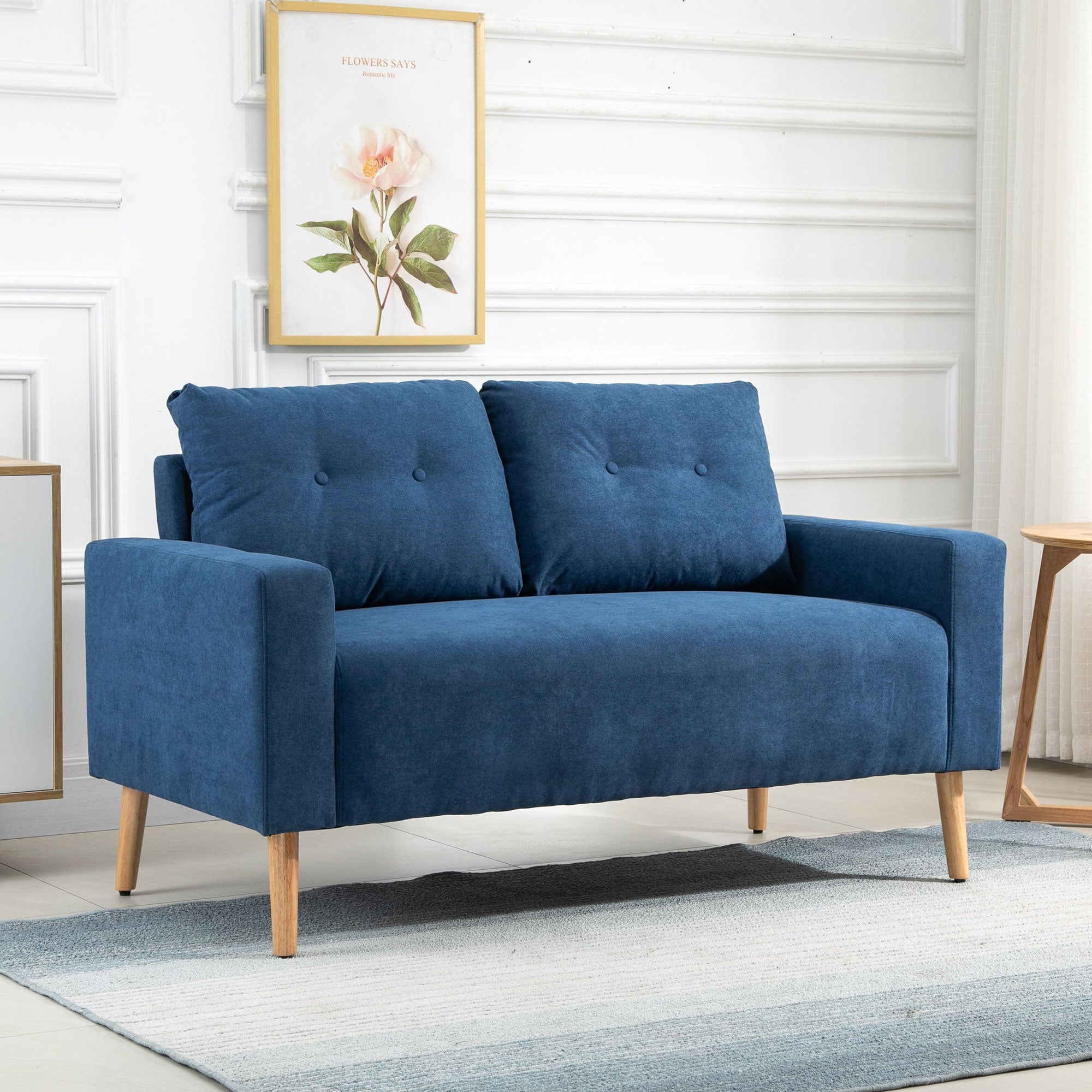 2-Seater Sofa Modern Upholstered in Polyester with 2 Cushions Armrests and Rubberwood Legs for Bedroom Office 145x76x88 cm Blue