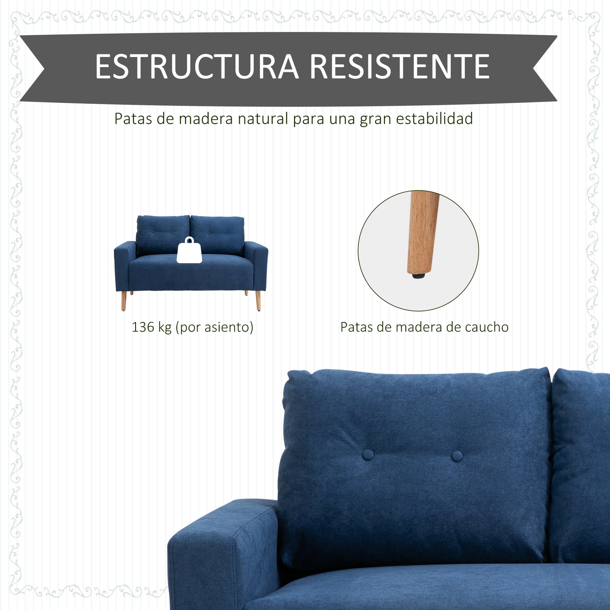 2-Seater Sofa Modern Upholstered in Polyester with 2 Cushions Armrests and Rubberwood Legs for Bedroom Office 145x76x88 cm Blue