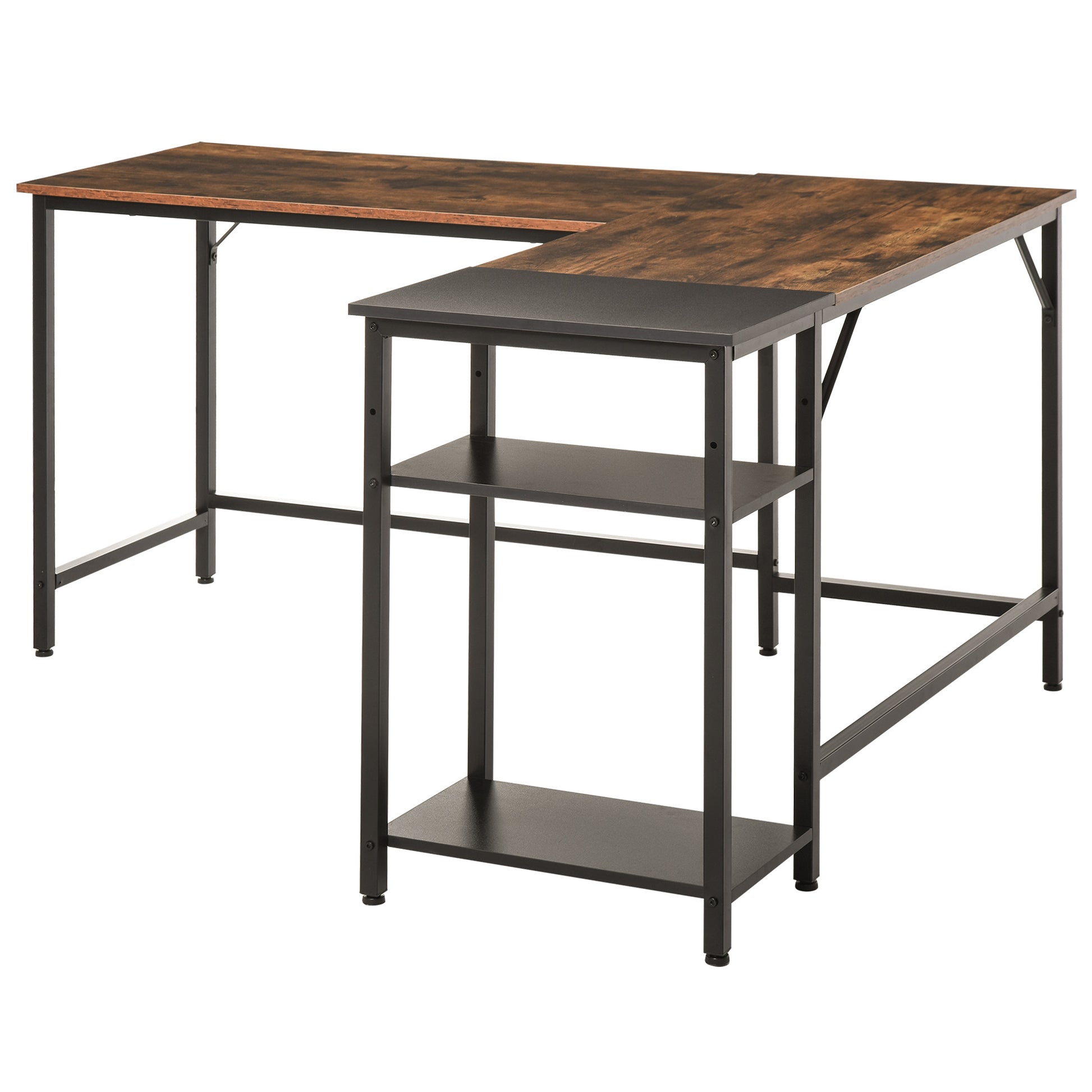 Industrial Style Corner Desk with Side Shelf, Wood and Black Metal, 150x120x75cm