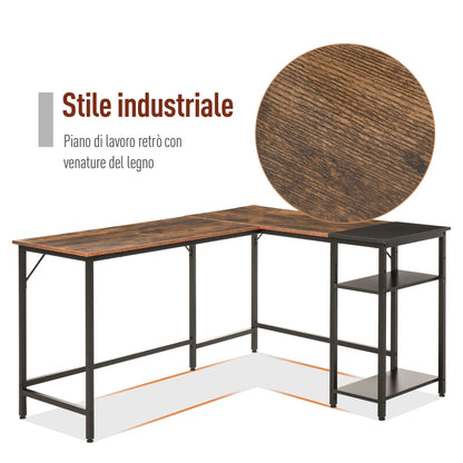 Industrial Style Corner Desk with Side Shelf, Wood and Black Metal, 150x120x75cm