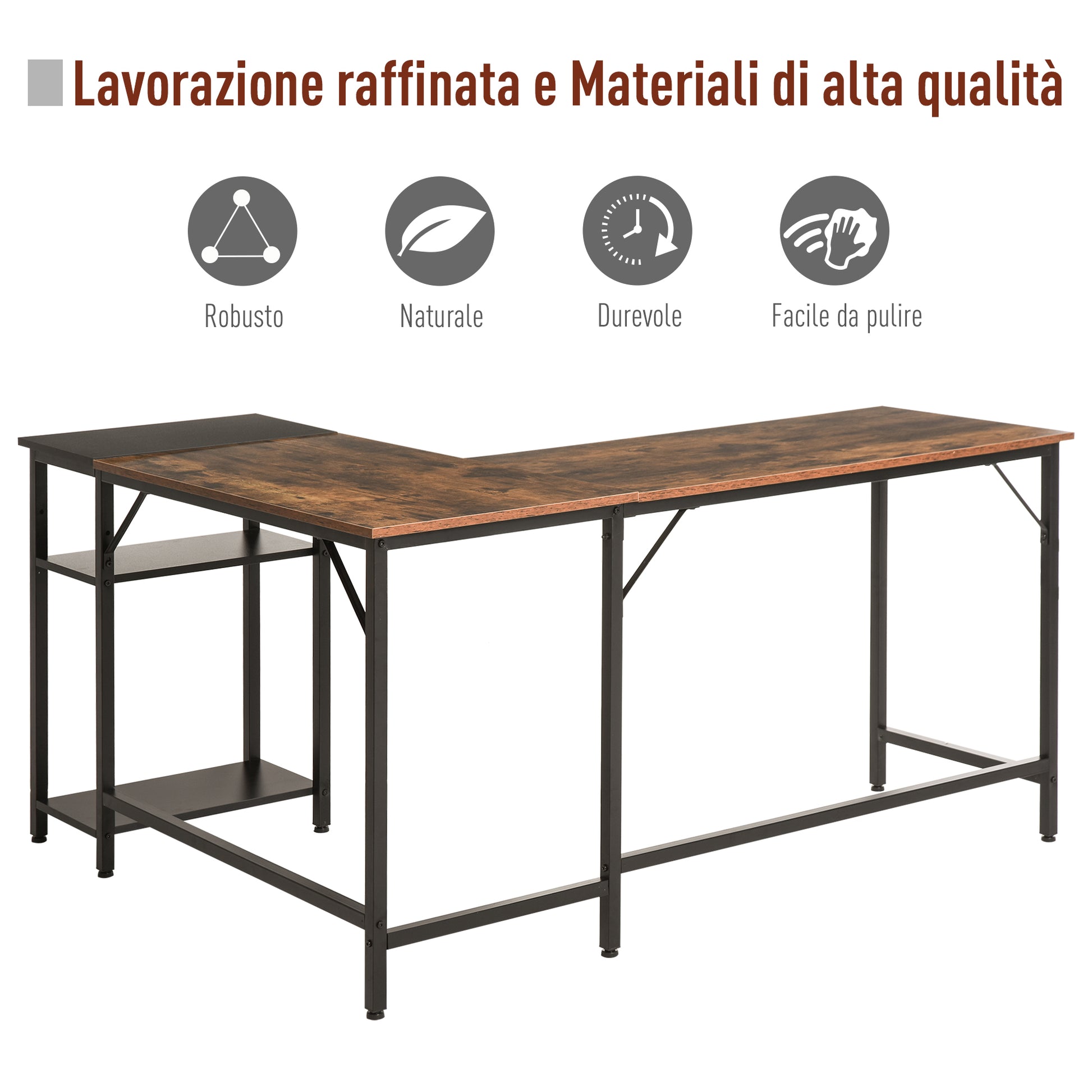 Industrial Style Corner Desk with Side Shelf, Wood and Black Metal, 150x120x75cm