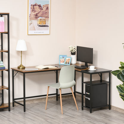 Industrial Style Corner Desk with Side Shelf, Wood and Black Metal, 150x120x75cm