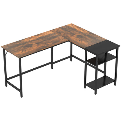 Industrial Style Corner Desk with Side Shelf, Wood and Black Metal, 150x120x75cm