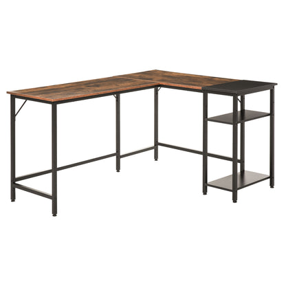 Industrial Style Corner Desk with Side Shelf, Wood and Black Metal, 150x120x75cm
