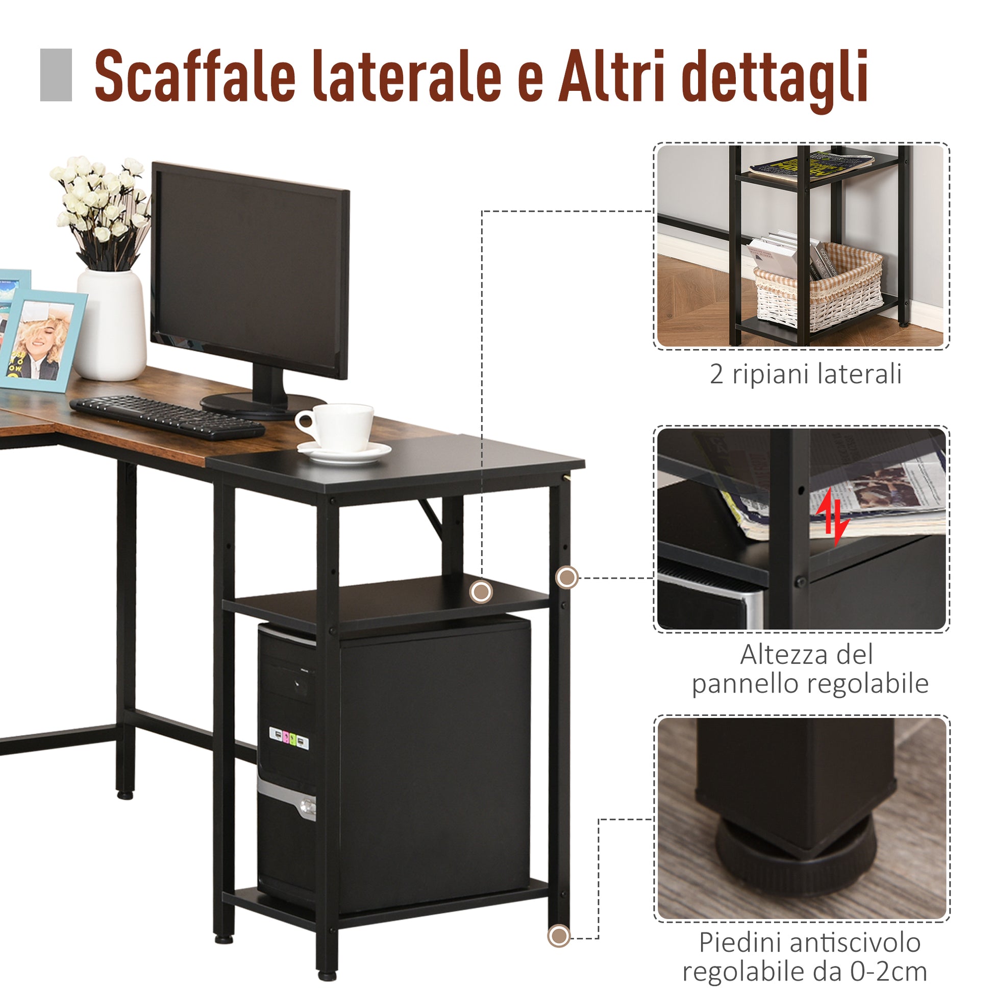 Industrial Style Corner Desk with Side Shelf, Wood and Black Metal, 150x120x75cm