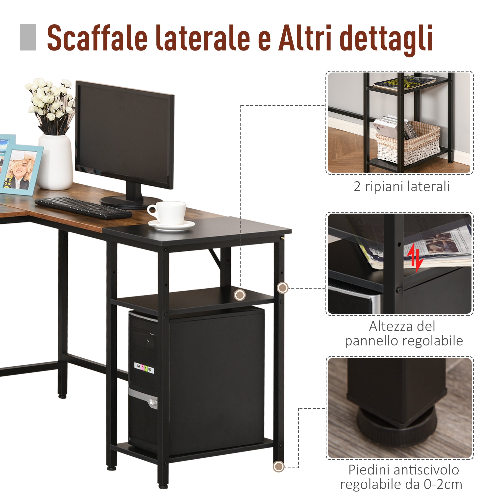 Industrial Style Corner Desk with Side Shelf, Wood and Black Metal, 150x120x75cm