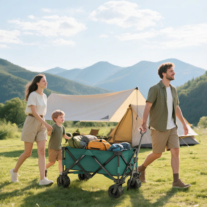 Folding Hand Cart 360° Garden Wagon Transport Trolley with Telescopic Handle Adjustable Handle Height Beach Wagon up to 70 kg Capacity Metal Oxford Green 108 x 55 x 59-89 cm