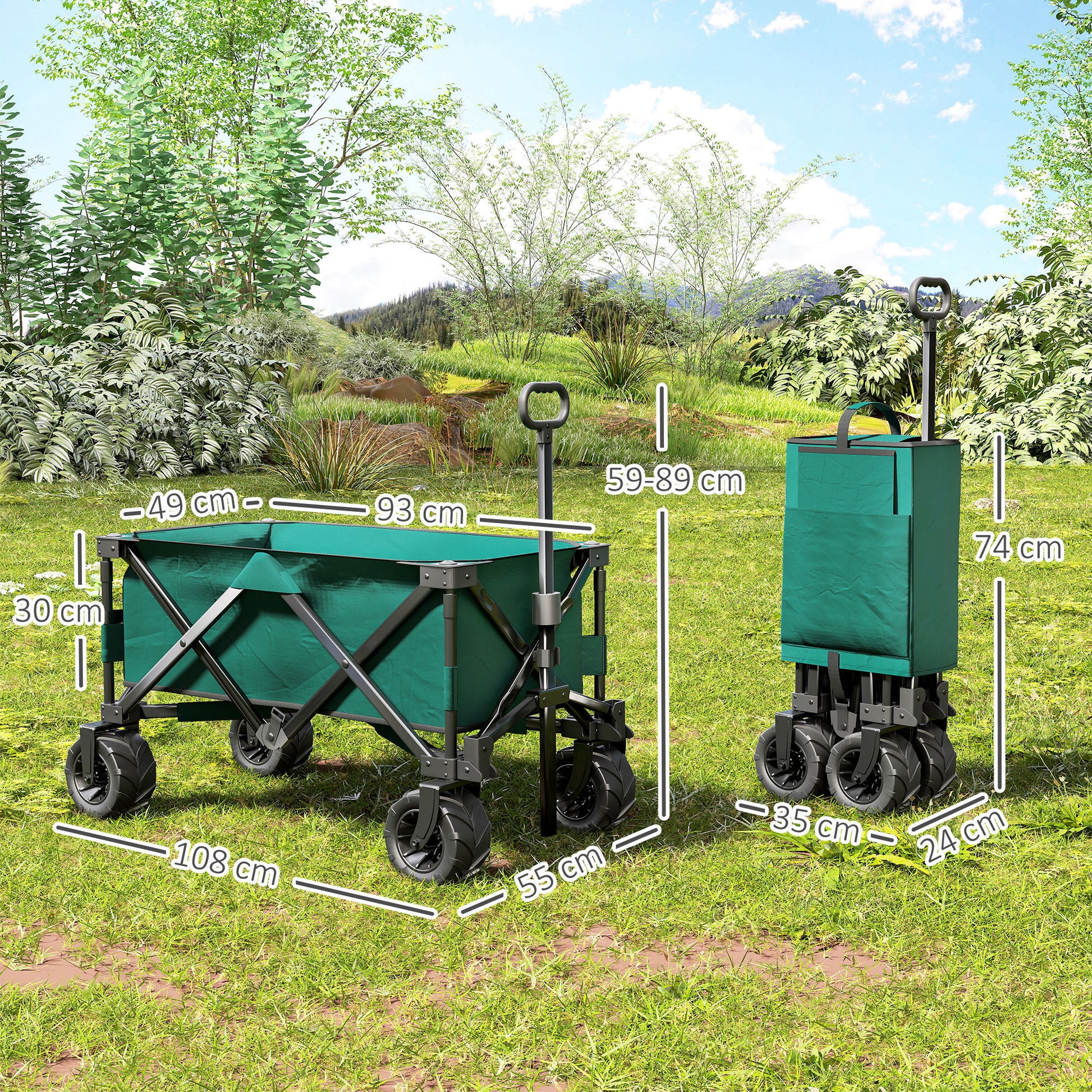 Folding Hand Cart 360° Garden Wagon Transport Trolley with Telescopic Handle Adjustable Handle Height Beach Wagon up to 70 kg Capacity Metal Oxford Green 108 x 55 x 59-89 cm