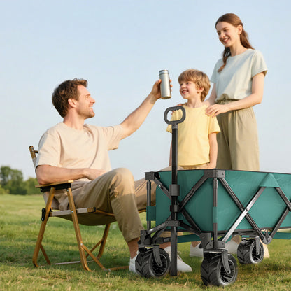 Folding Hand Cart 360° Garden Wagon Transport Trolley with Telescopic Handle Adjustable Handle Height Beach Wagon up to 70 kg Capacity Metal Oxford Green 108 x 55 x 59-89 cm