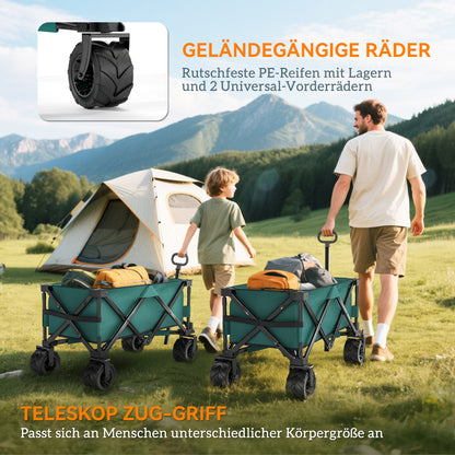 Folding Hand Cart 360° Garden Wagon Transport Trolley with Telescopic Handle Adjustable Handle Height Beach Wagon up to 70 kg Capacity Metal Oxford Green 108 x 55 x 59-89 cm