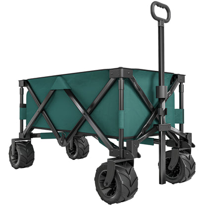Folding Hand Cart 360° Garden Wagon Transport Trolley with Telescopic Handle Adjustable Handle Height Beach Wagon up to 70 kg Capacity Metal Oxford Green 108 x 55 x 59-89 cm