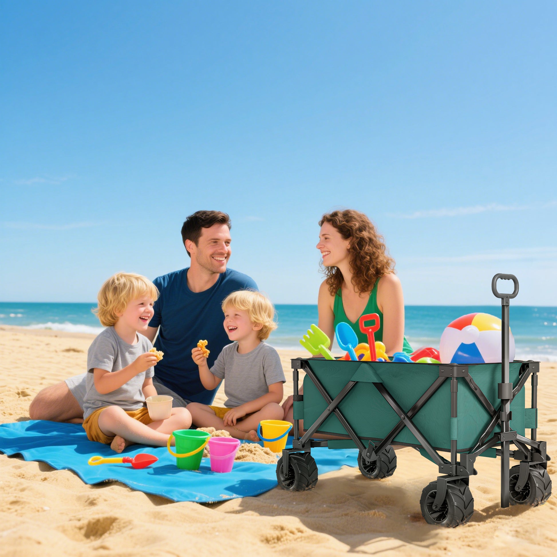 Folding Hand Cart 360° Garden Wagon Transport Trolley with Telescopic Handle Adjustable Handle Height Beach Wagon up to 70 kg Capacity Metal Oxford Green 108 x 55 x 59-89 cm