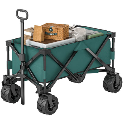 Folding Hand Cart 360° Garden Wagon Transport Trolley with Telescopic Handle Adjustable Handle Height Beach Wagon up to 70 kg Capacity Metal Oxford Green 108 x 55 x 59-89 cm