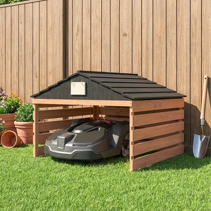 Wooden Robot Mower Garage with Gable Roof — Weatherproof Spruce Shelter for Robotic Lawn Mowers, 79 x 74 x 54 cm (31.1 x 29.1 x 21.3 in), Red-Brown