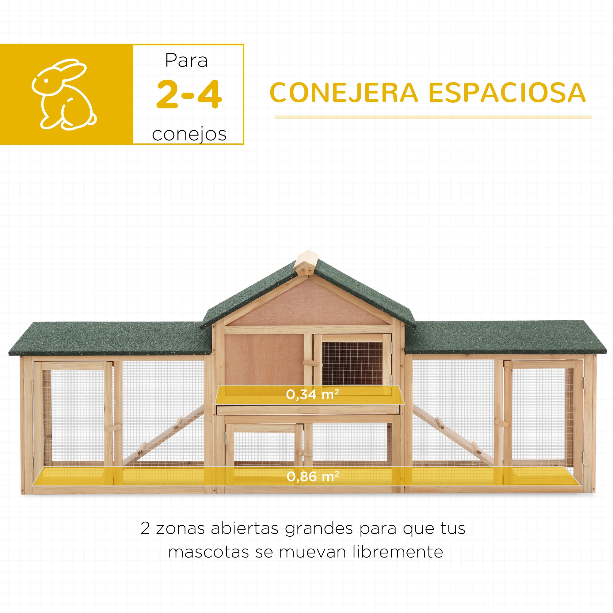 Large Outdoor Rabbit Hutch Wooden Cage for 2-4 Rabbits with Asphalt Roof Wire Enclosure Removable Tray and Ramps 210x45.5x84.5 cm Natural and Green