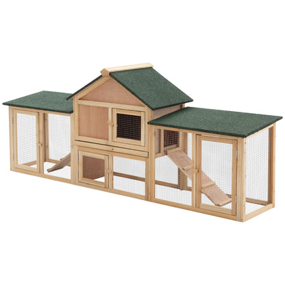 Large Outdoor Rabbit Hutch Wooden Cage for 2-4 Rabbits with Asphalt Roof Wire Enclosure Removable Tray and Ramps 210x45.5x84.5 cm Natural and Green