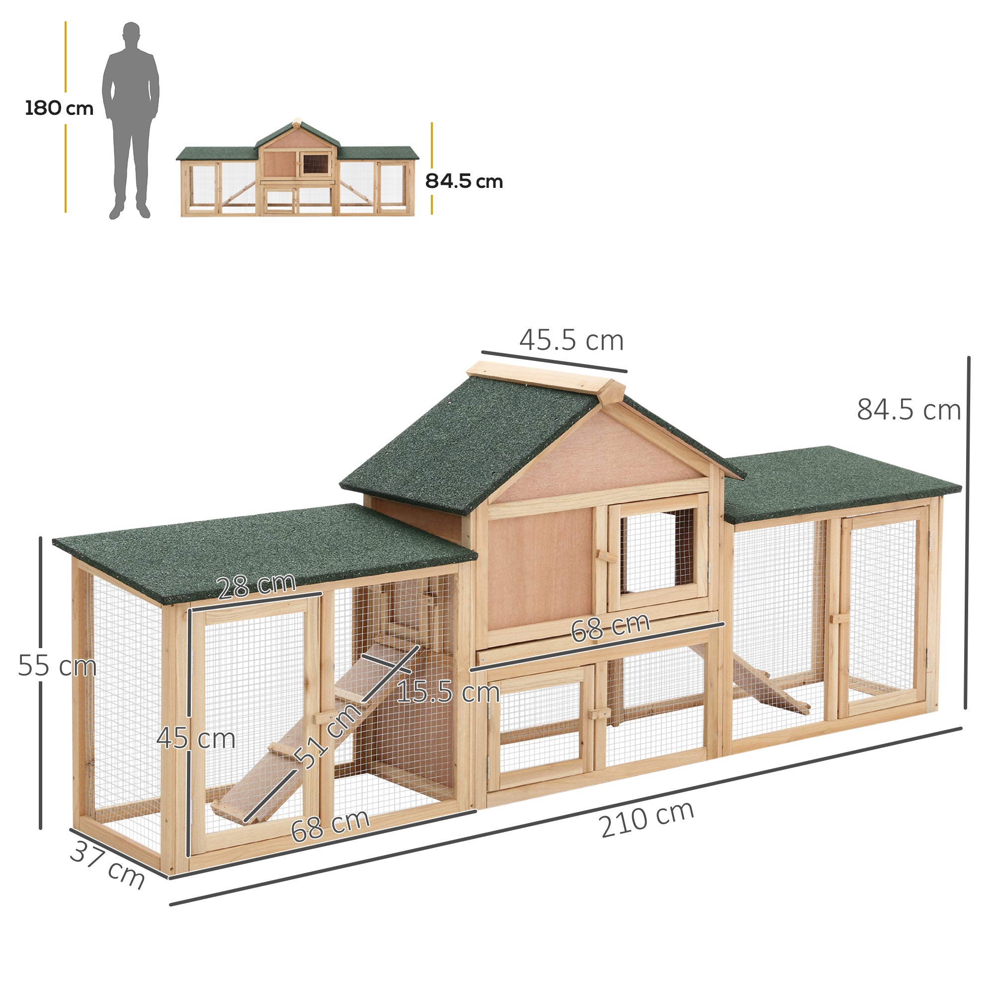 Large Outdoor Rabbit Hutch Wooden Cage for 2-4 Rabbits with Asphalt Roof Wire Enclosure Removable Tray and Ramps 210x45.5x84.5 cm Natural and Green